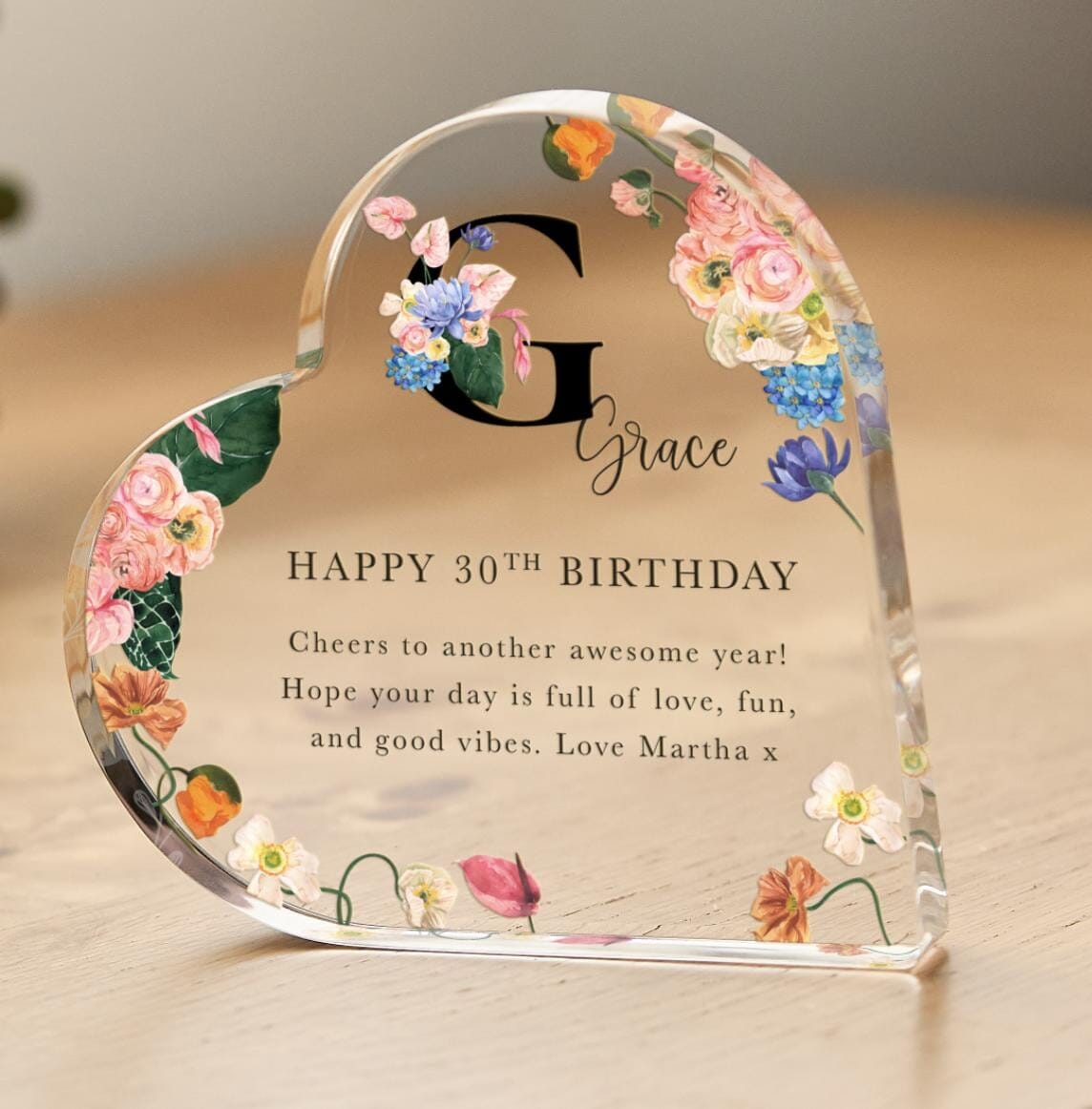 Personalised Birthday Gift for Her Floral Acrylic Heart Keepsake Name Initial Custom Message Milestone Birthdays 21st 30th 40th 50th 60th 70
