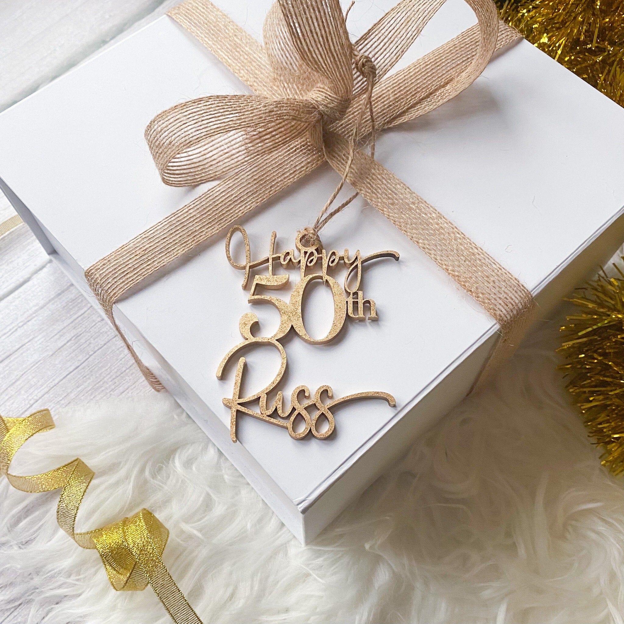 Personalised Birthday Wooden Tag Name Age Gold Silver Rose Gold Black Natural