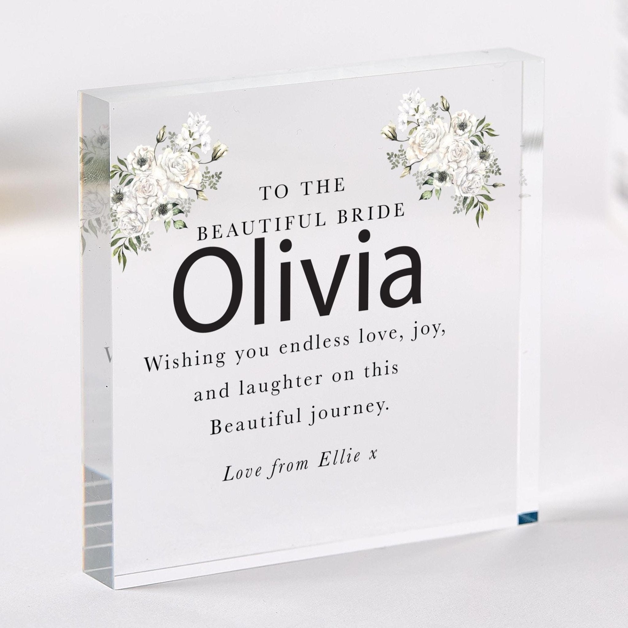 Personalised Bride Gift Acrylic Plaque Elegant Wedding Day Display with Name and Message Floral Design Keepsake from Friend or Family