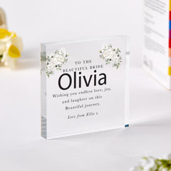Personalised Bride Gift Acrylic Plaque Elegant Wedding Day Display with Name and Message Floral Design Keepsake from Friend or Family