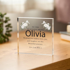 Personalised Bride Gift Acrylic Plaque Elegant Wedding Day Display with Name and Message Floral Design Keepsake from Friend or Family