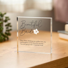 Personalised Bride to Be Acrylic Plaque Gift Elegant Wedding Keepsake with Message Minimal Floral Present for the Beautiful Bride