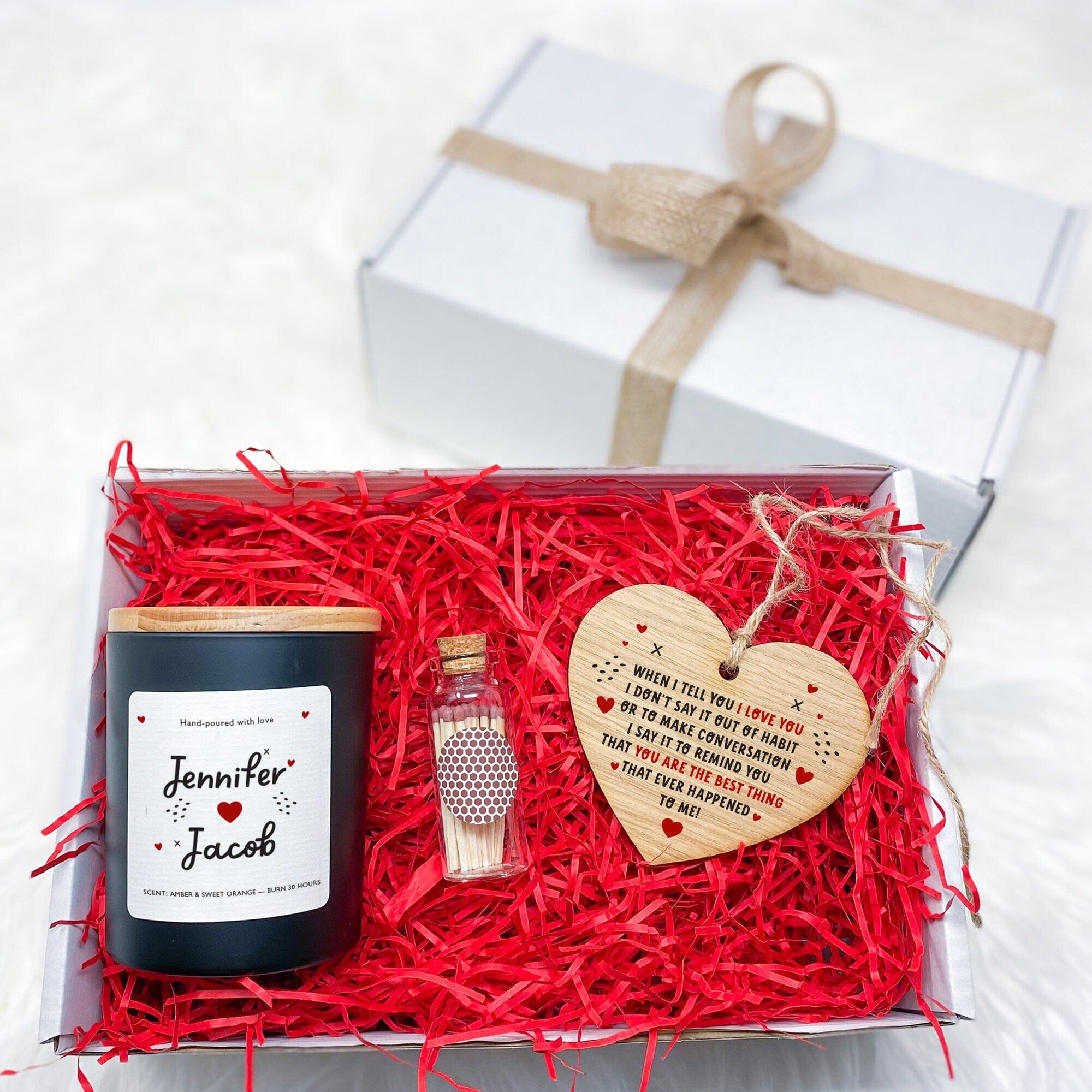 Personalised Candle Set With Wooden Heart With Couple Names Gift For Her Him Valentines Day Wife Girlfriend