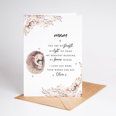 Personalised Card for Mum from Daughter or Son Cute Hedgehog Heartfelt Message Mother's Day Christmas or Mum's Birthday Card for Mummy Mama