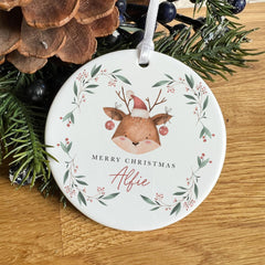 Personalised Ceramic Christmas Ornament Gift for Son Daughter Niece Nephew Grandchild Custom Name Reindeer Tree Decoration Keepsake