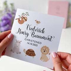 Personalised Christening Card for Baby Boy or Girl with Safari Animal Baptism Naming Day Card Jungle Theme Keepsake Gift Christened Baptised