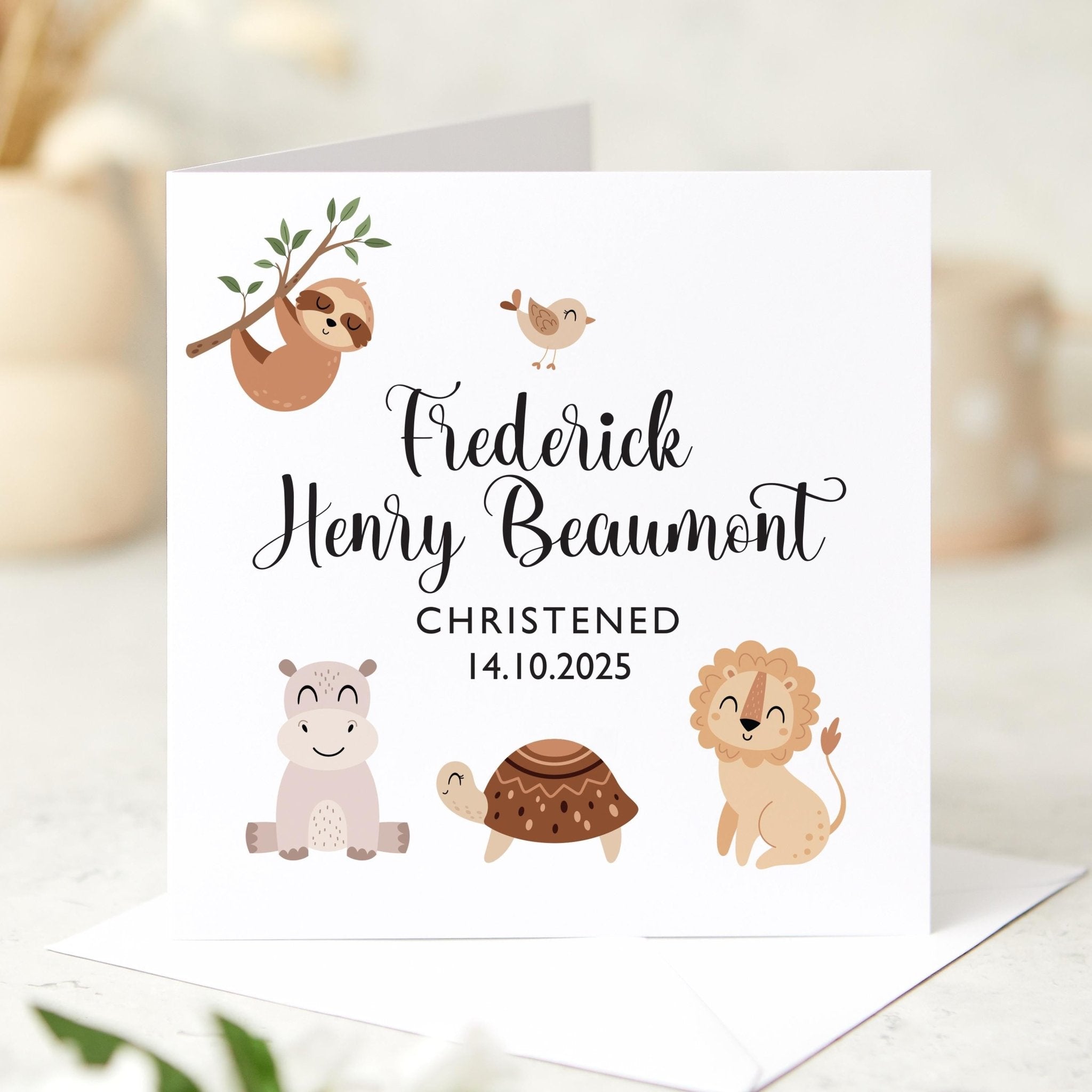 Personalised Christening Card for Baby Boy or Girl with Safari Animal Baptism Naming Day Card Jungle Theme Keepsake Gift Christened Baptised