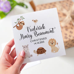 Personalised Christening Card for Baby Boy or Girl with Safari Animal Baptism Naming Day Card Jungle Theme Keepsake Gift Christened Baptised