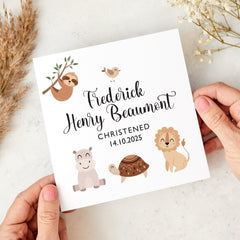 Personalised Christening Card for Baby Boy or Girl with Safari Animal Baptism Naming Day Card Jungle Theme Keepsake Gift Christened Baptised