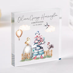 Personalised Christening Gift CHRISTENED or BAPTISED Farmyard Themed Acrylic Block Custom Keepsake for Baby Stork Farm Design Name Date