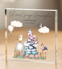 Personalised Christening Gift CHRISTENED or BAPTISED Farmyard Themed Acrylic Block Custom Keepsake for Baby Stork Farm Design Name Date