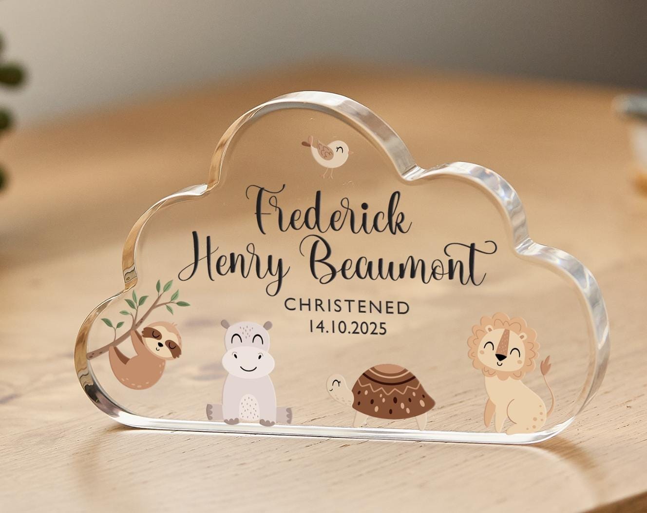 Personalised Christening Cloud Shaped Acrylic Plaque Safari Animals Custom Keepsake Name Date Baptism Present
