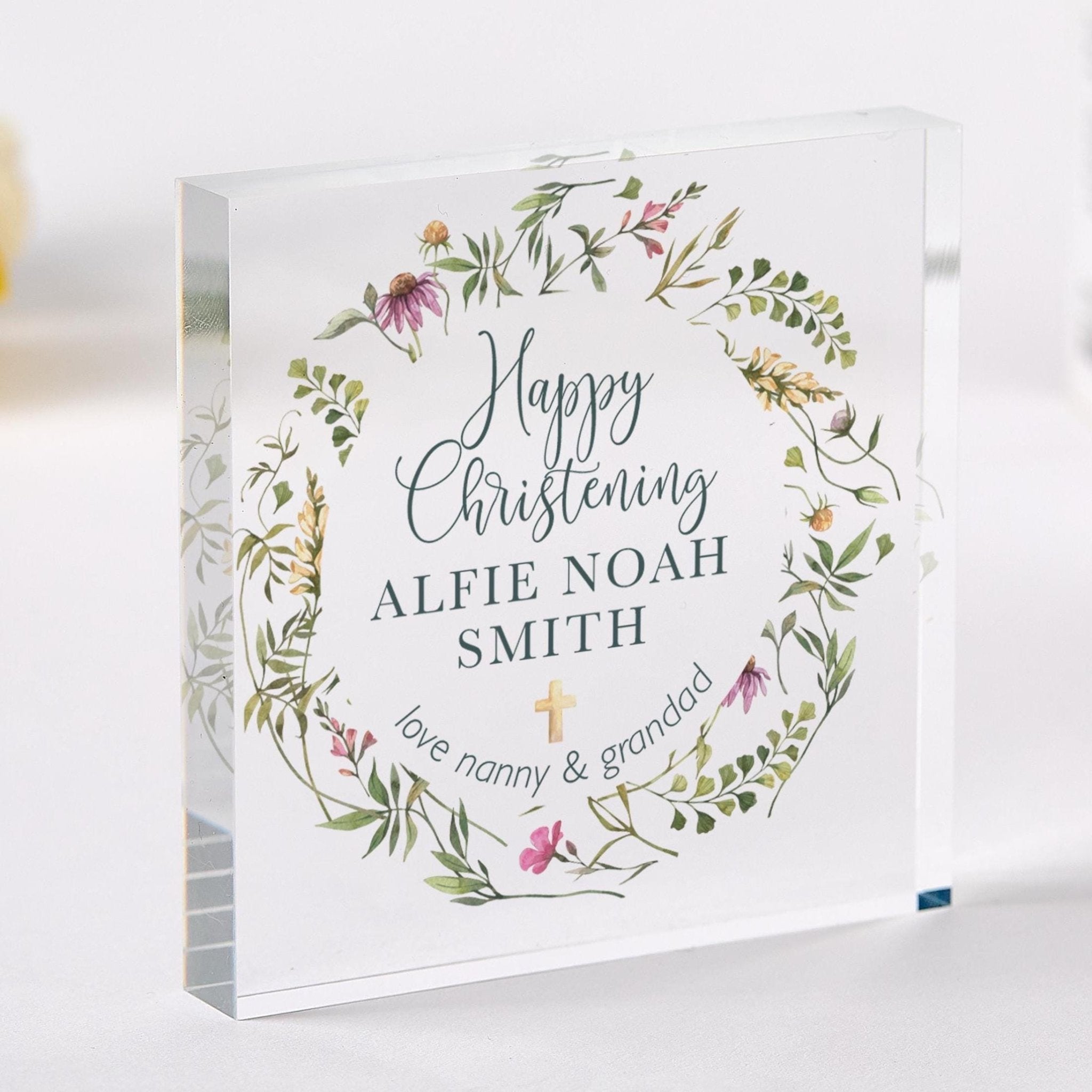 Personalised Christening Gift for Godson Goddaughter Grandson Granddaughter Custom Name Acrylic Plaque with Floral Wreath Baptism Keepsake