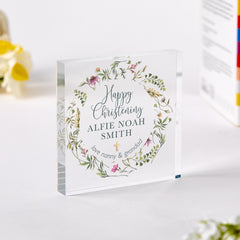 Personalised Christening Gift for Godson Goddaughter Grandson Granddaughter Custom Name Acrylic Plaque with Floral Wreath Baptism Keepsake