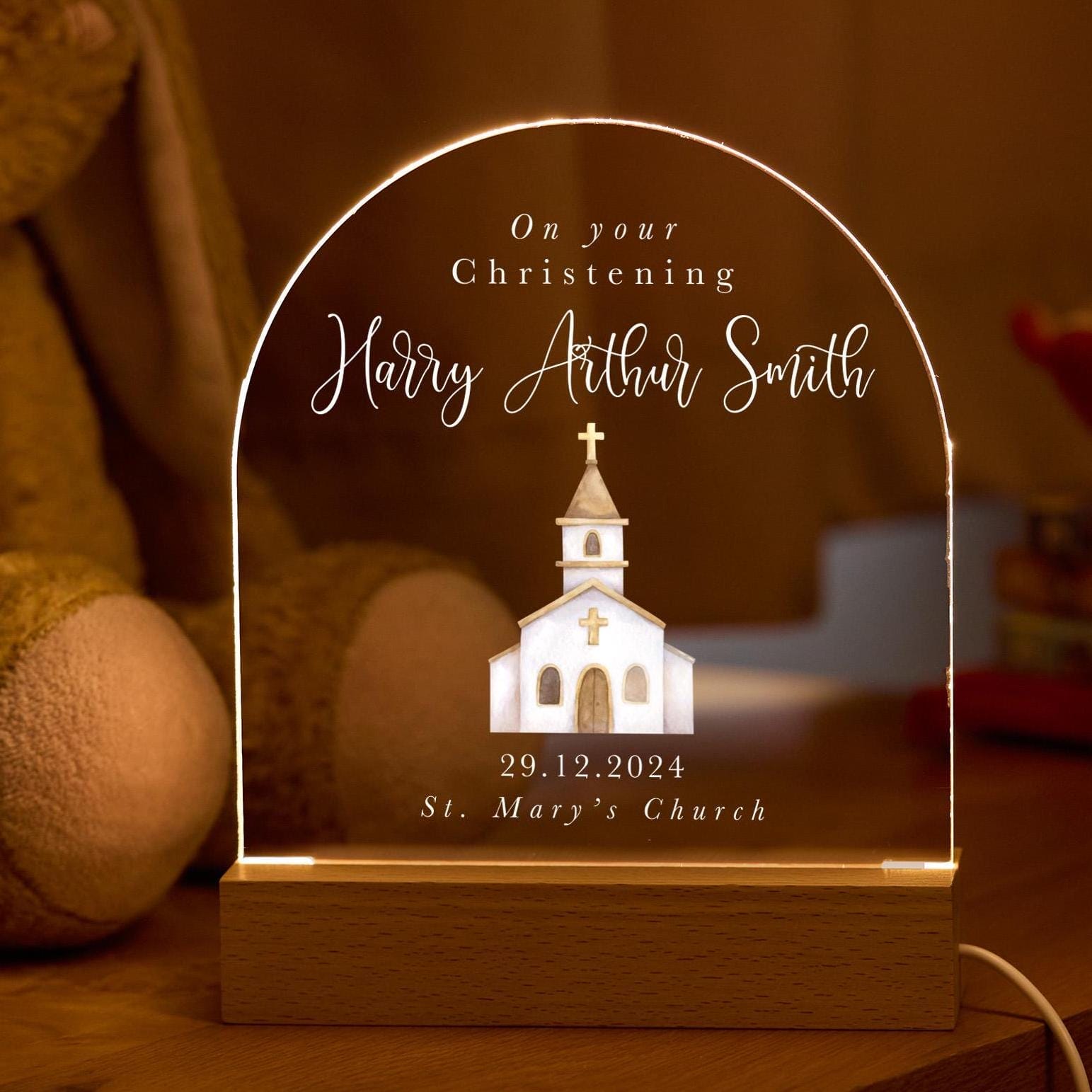 Personalised Christening Night Light Son Daughter Nephew Niece Name Date Church Keepsake LED Lamp Godson Goddaughter