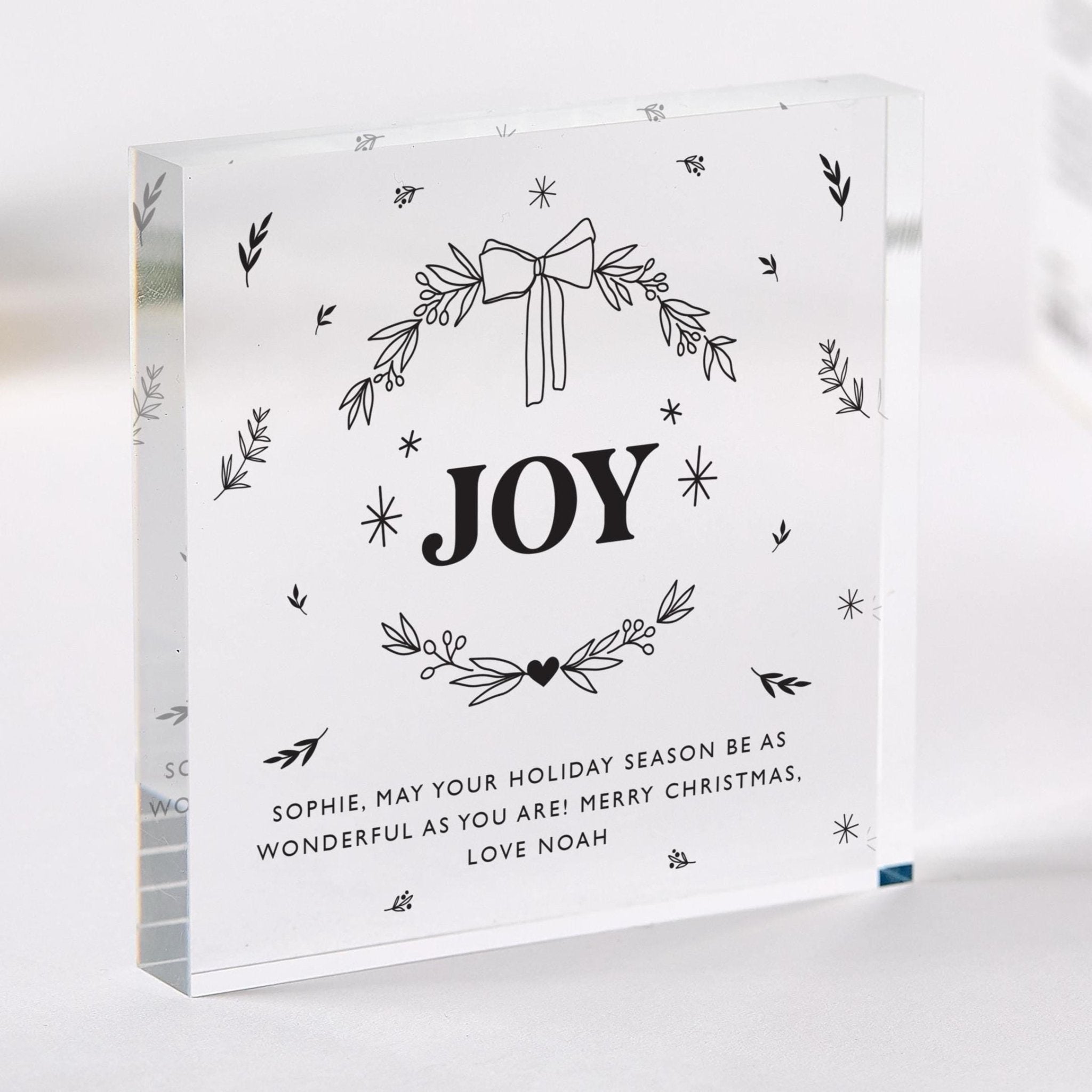 Personalised Christmas Acrylic Plaque with your Text Joy Gift for Mum Dad Friend Neighbour or Colleagues Xmas Gift for Her Him