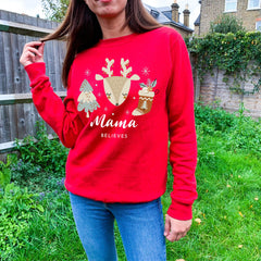 Personalised Christmas Believes Jumper, Matching Family Xmas Sweatshirt, Cute Bear Reindeer Design, Kids and Adults