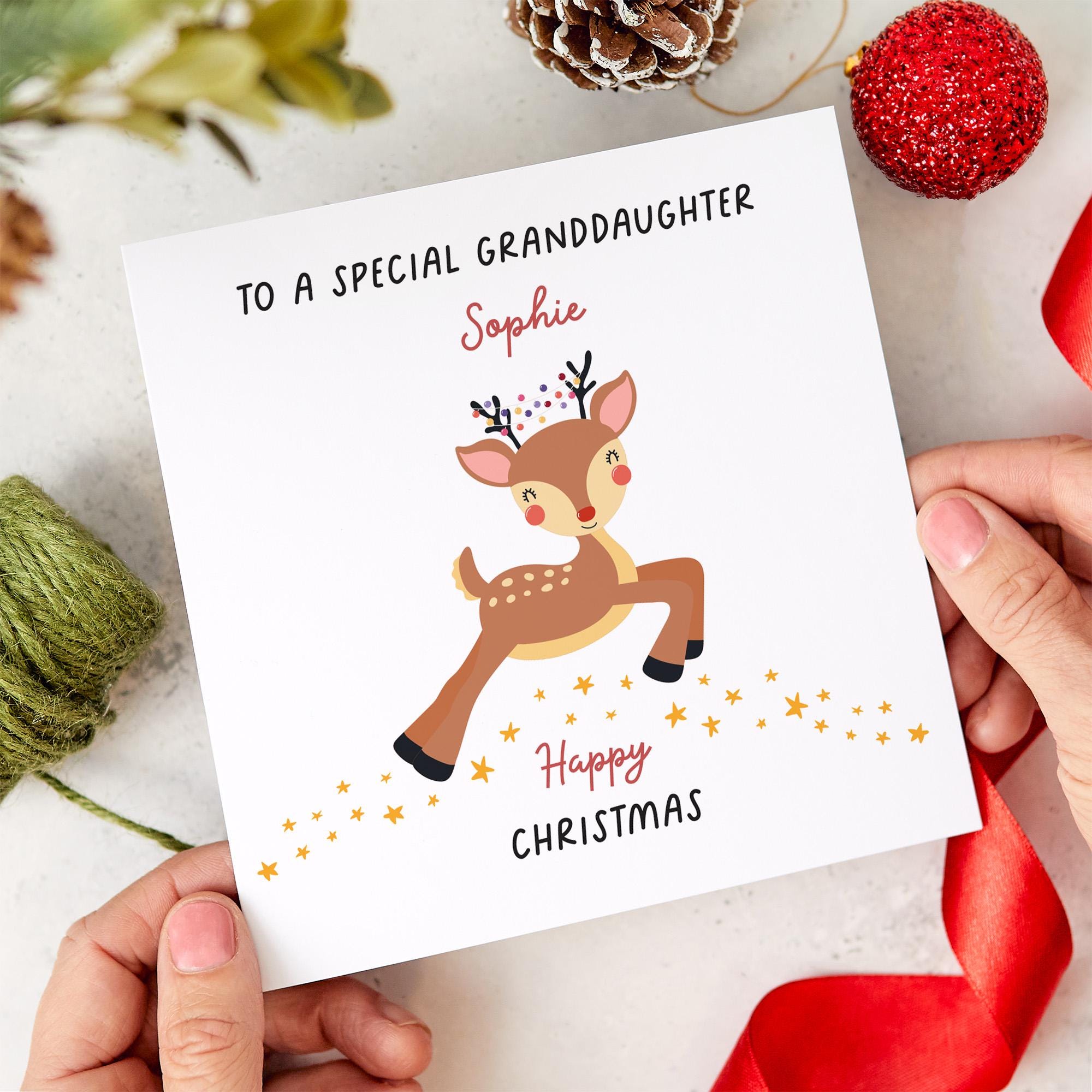 Personalised Christmas card for a granddaughter with name Cute card to a special granddaughter Xmas card Granddaughter's gift card reindeer