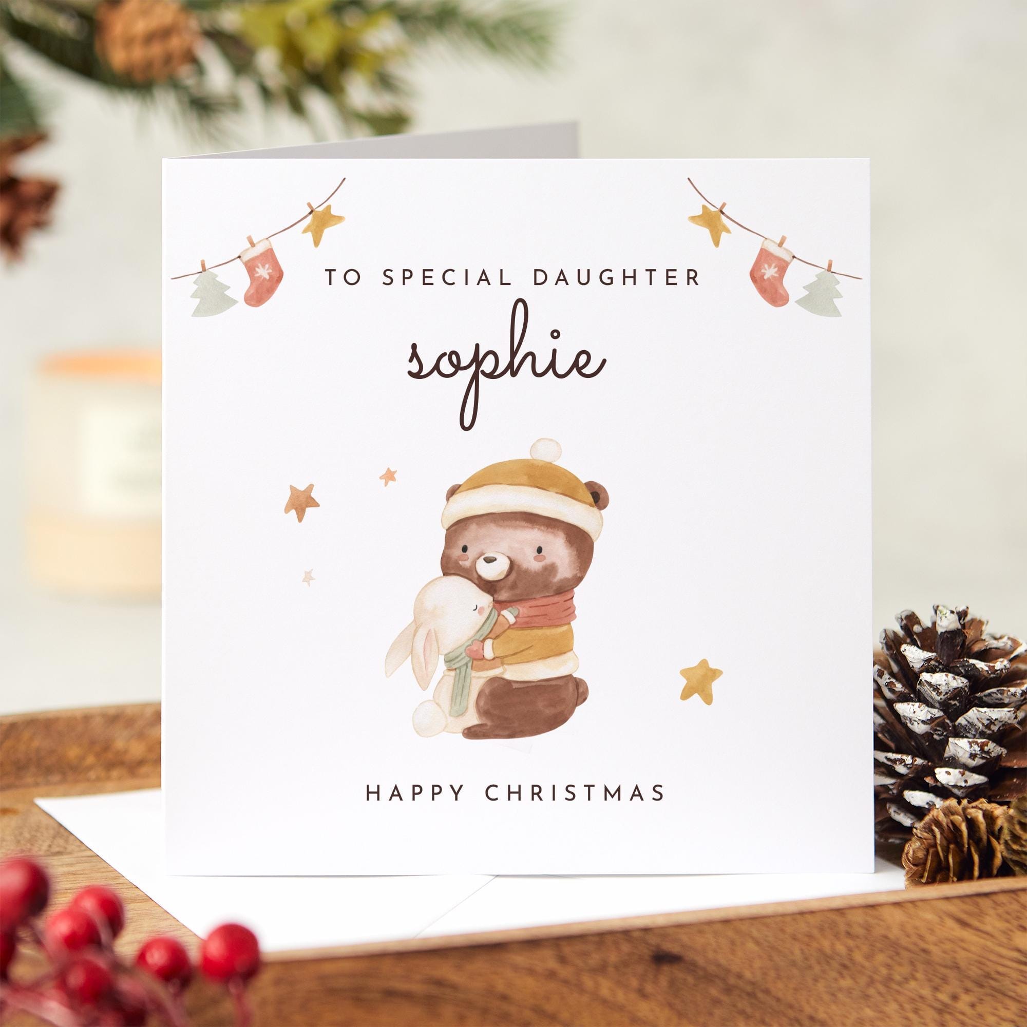 Personalised Christmas Card For Daughter Xmas Card To A Special Daughter With A Cute Bear And Rabbit For Her Lovely Gift For Daughter