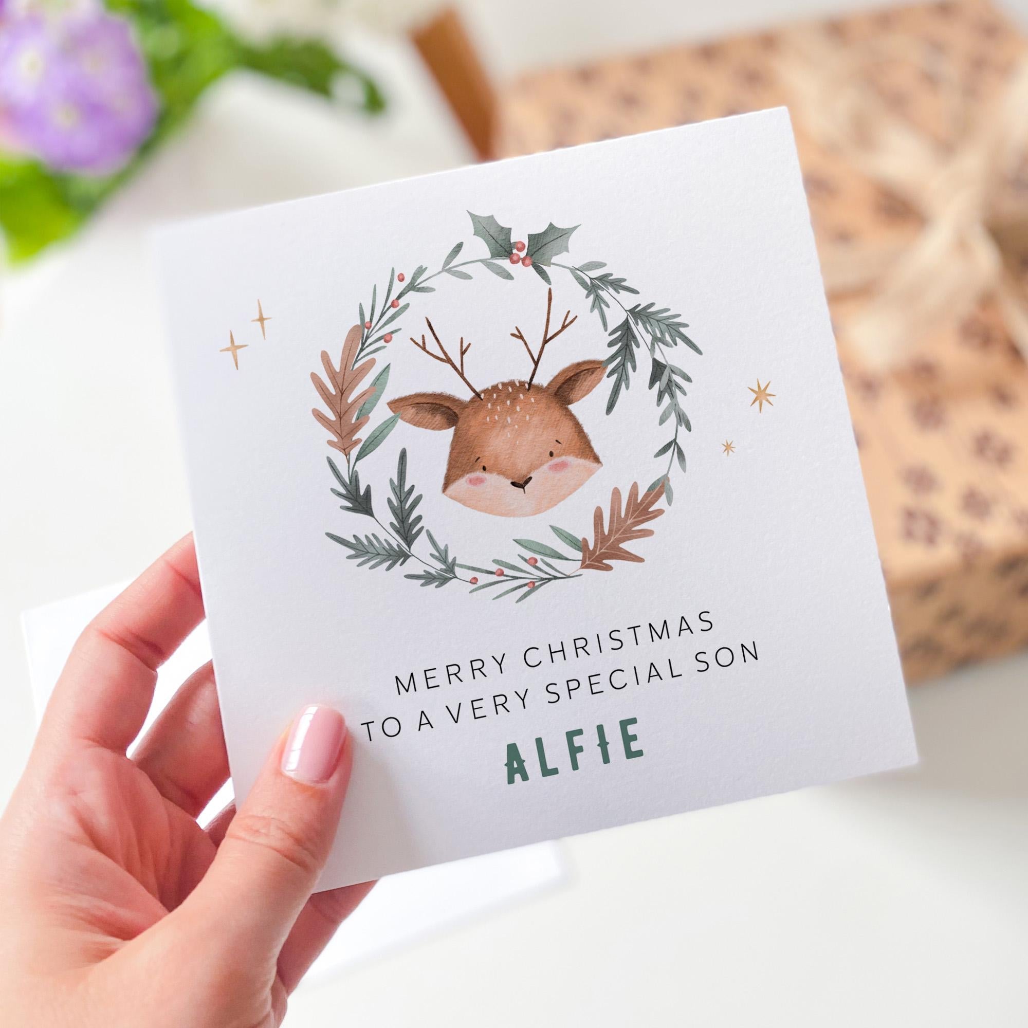 Personalised Christmas Card for Son Cute Reindeer Wreath Design Custom Festive Xmas Greeting from Mum and Dad for Little Boy Baby Boy