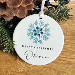 Personalised Christmas Ceramic Ornament Custom Name Blue Snowflake Winter Decoration Keepsake Gift for Child or Adult Xmas Gift Ornament
