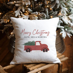 Personalised Christmas cushion with names Red Christmas truck Xmas home decorations First Christmas at new home Pillow New mum dad present