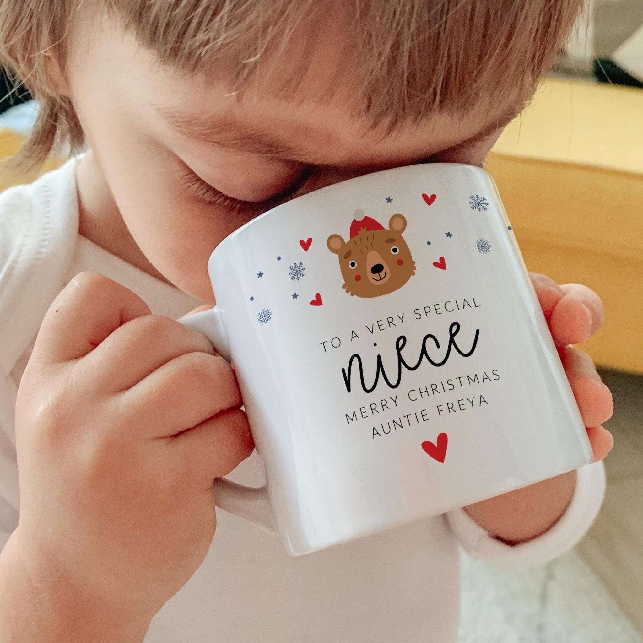 Personalised Christmas Gift for Niece Kids Mug from Auntie or Uncle with Cute Bear Design