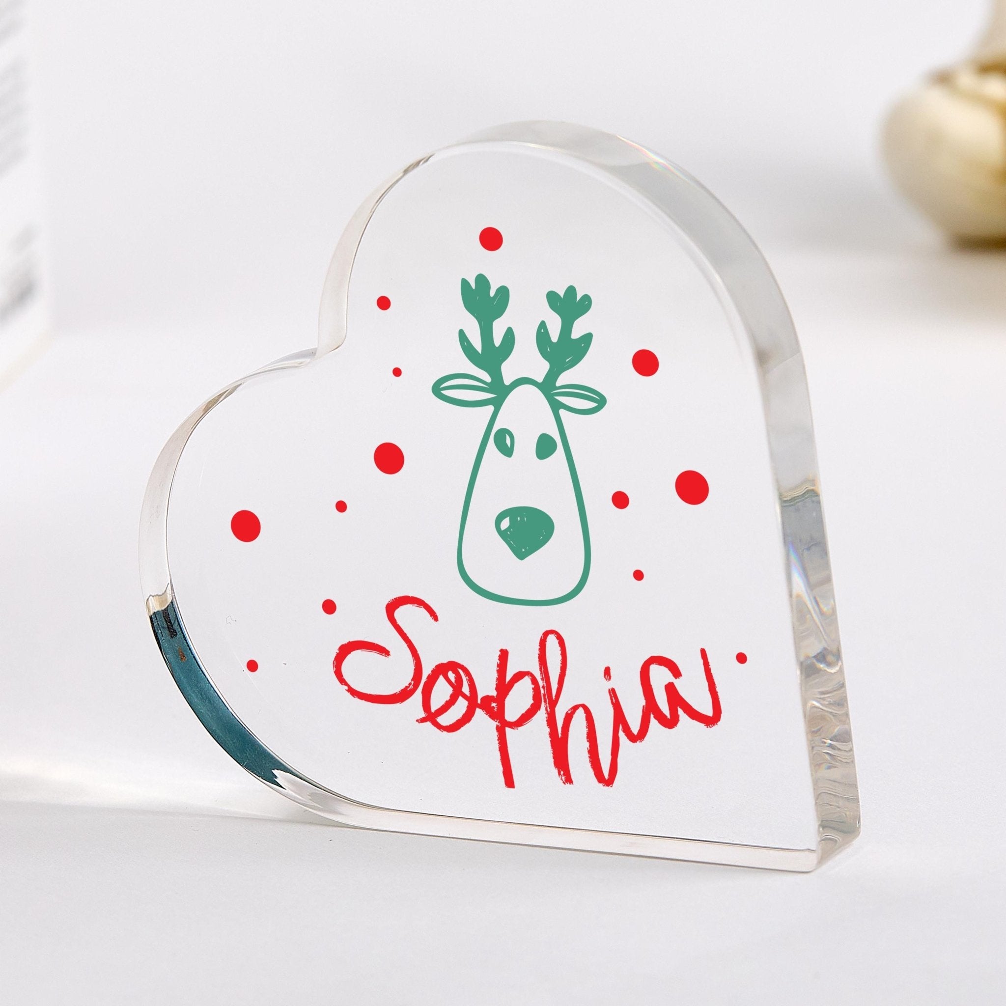 Personalised Christmas Heart Acrylic Plaque Cute Reindeer Design Keepsake with Name Gift for Child or Baby