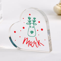 Personalised Christmas Heart Acrylic Plaque Cute Reindeer Design Keepsake with Name Gift for Child or Baby