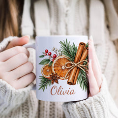 Personalised Christmas Mug, Custom Name Festive Gift, Orange & Cinnamon Design