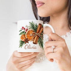 Personalised Christmas Mug, Custom Name Festive Gift, Orange & Cinnamon Design