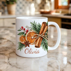 Personalised Christmas Mug, Custom Name Festive Gift, Orange & Cinnamon Design