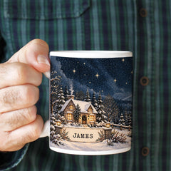 Personalised Christmas Mug, Custom Name Winter Cottage Gift