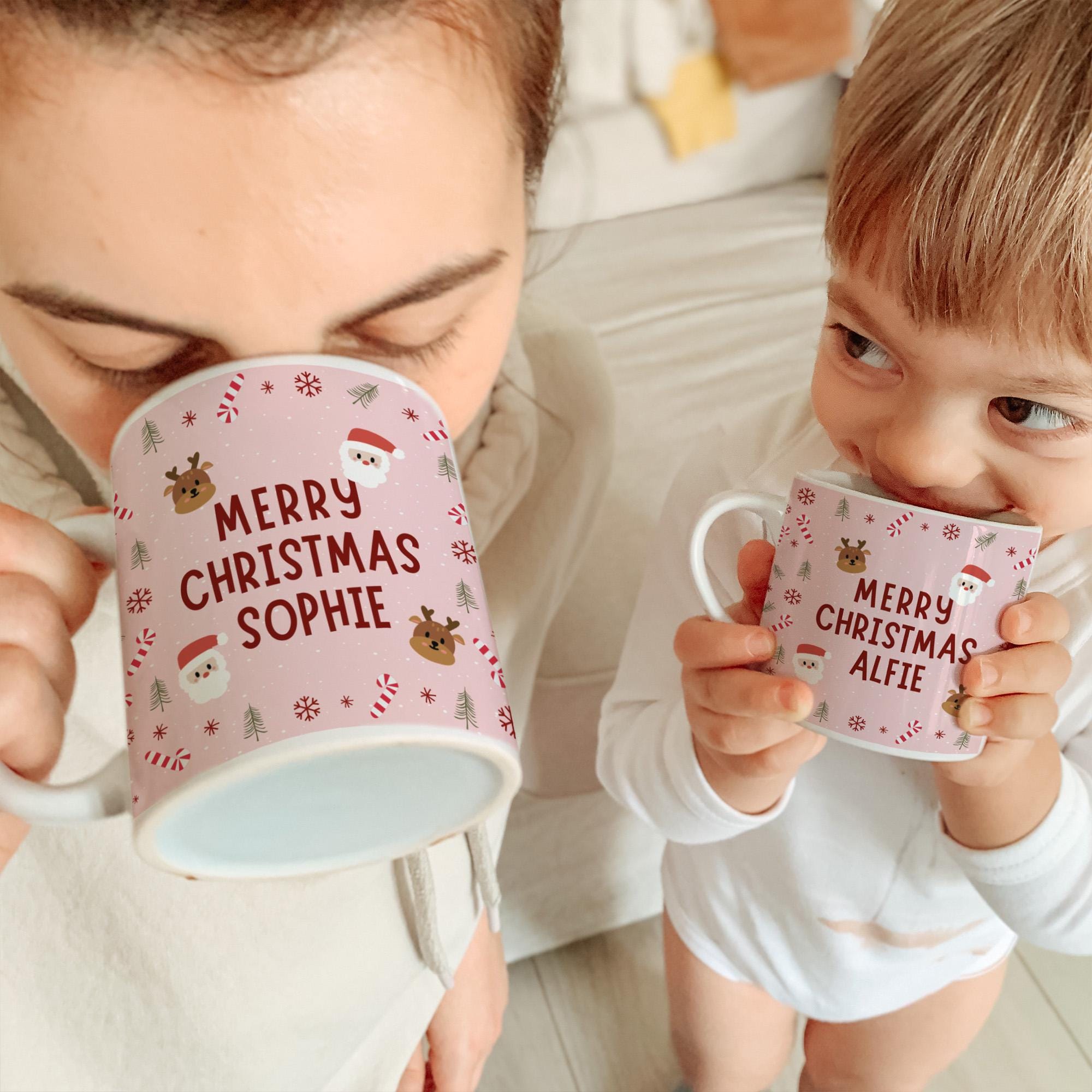 Personalised Christmas Mug – Matching Gift - Custom Name Santa & Reindeer Design Cup for Kids or Family