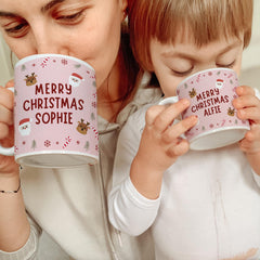 Personalised Christmas Mug – Matching Gift - Custom Name Santa & Reindeer Design Cup for Kids or Family