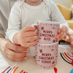 Personalised Christmas Mug – Matching Gift - Custom Name Santa & Reindeer Design Cup for Kids or Family