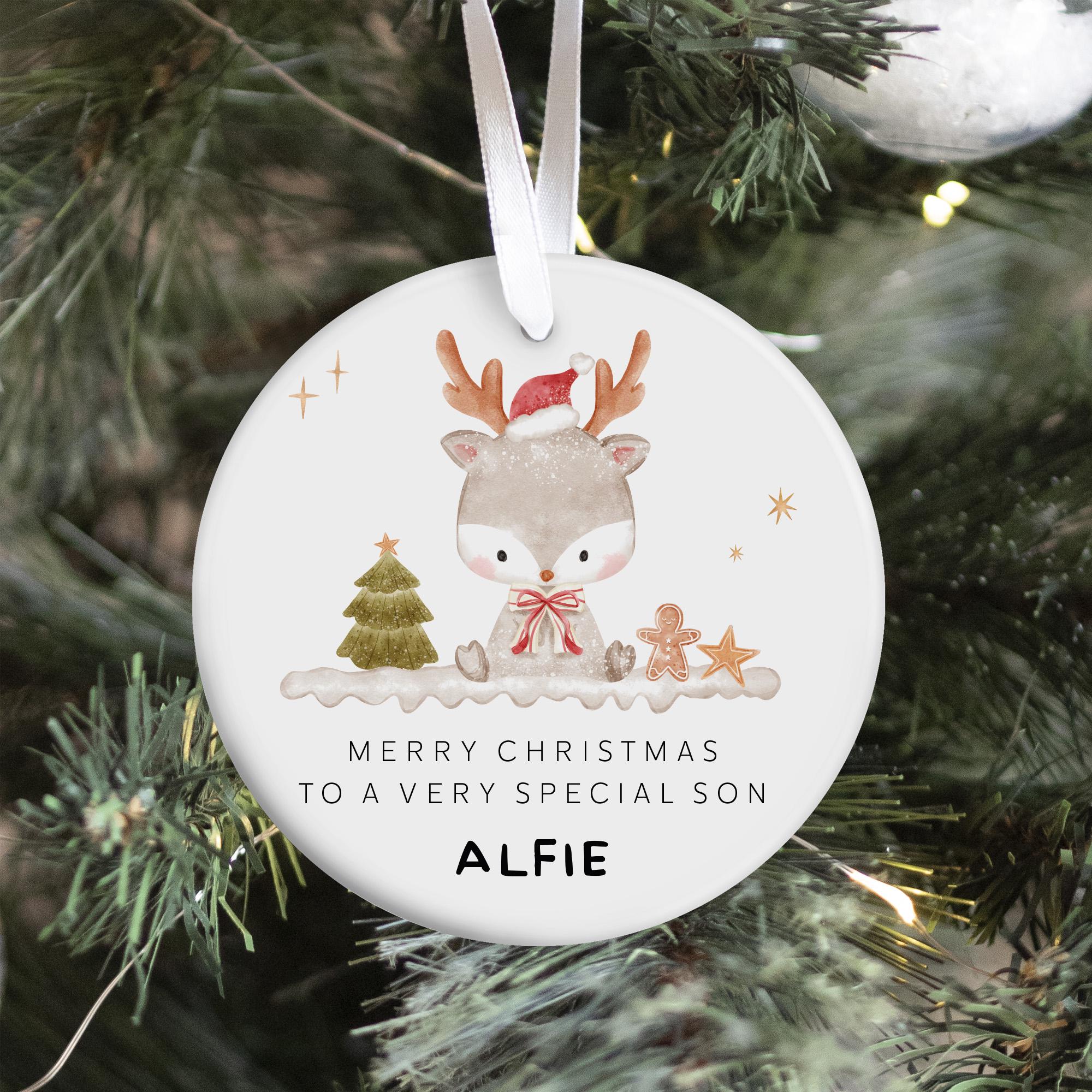 Personalised Christmas Ornament for Son Cute Reindeer Ceramic Tree Decoration Keepsake Xmas Gift for Boy from Mum and Dad