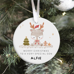 Personalised Christmas Ornament for Son Cute Reindeer Ceramic Tree Decoration Keepsake Xmas Gift for Boy from Mum and Dad