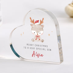 Personalised Christmas Reindeer Heart Acrylic Plaque Gift Special Keepsake for Son Daughter Niece Nephew Grandson or Granddaughter Xmas Gift