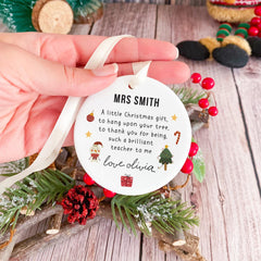 Personalised Christmas Teacher Ornament Cute Festive Ceramic Bauble Keepsake Xmas Gift from Child Pupils or Class