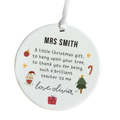 Personalised Christmas Teacher Ornament Cute Festive Ceramic Bauble Keepsake Xmas Gift from Child Pupils or Class