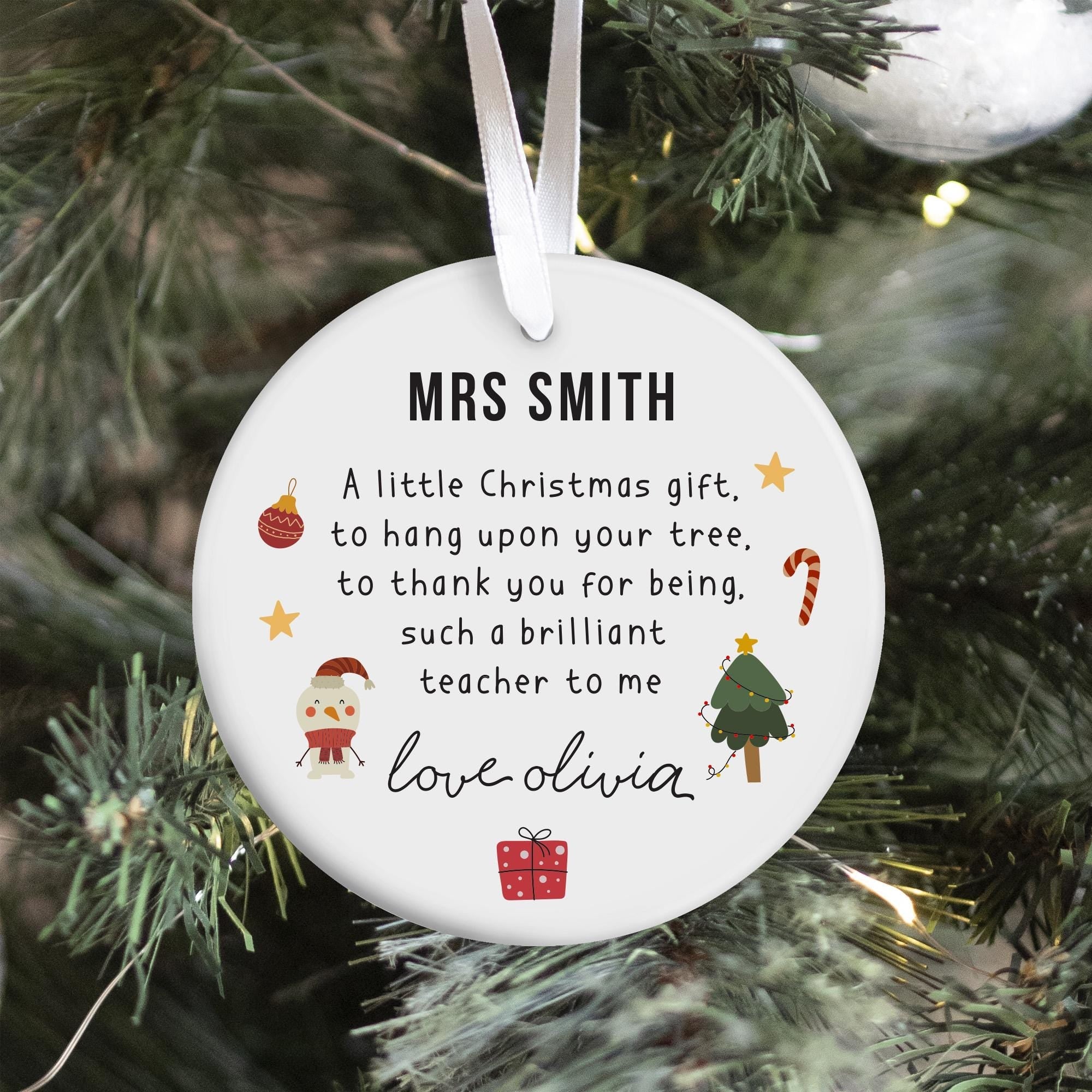 Personalised Christmas Teacher Ornament Cute Festive Ceramic Bauble Keepsake Xmas Gift from Child Pupils or Class