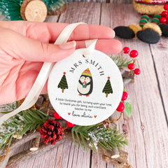 Personalised Christmas Teacher Ornament Gift Cute Penguin Bauble Keepsake from Child Nursery Primary School Teacher Xmas Present