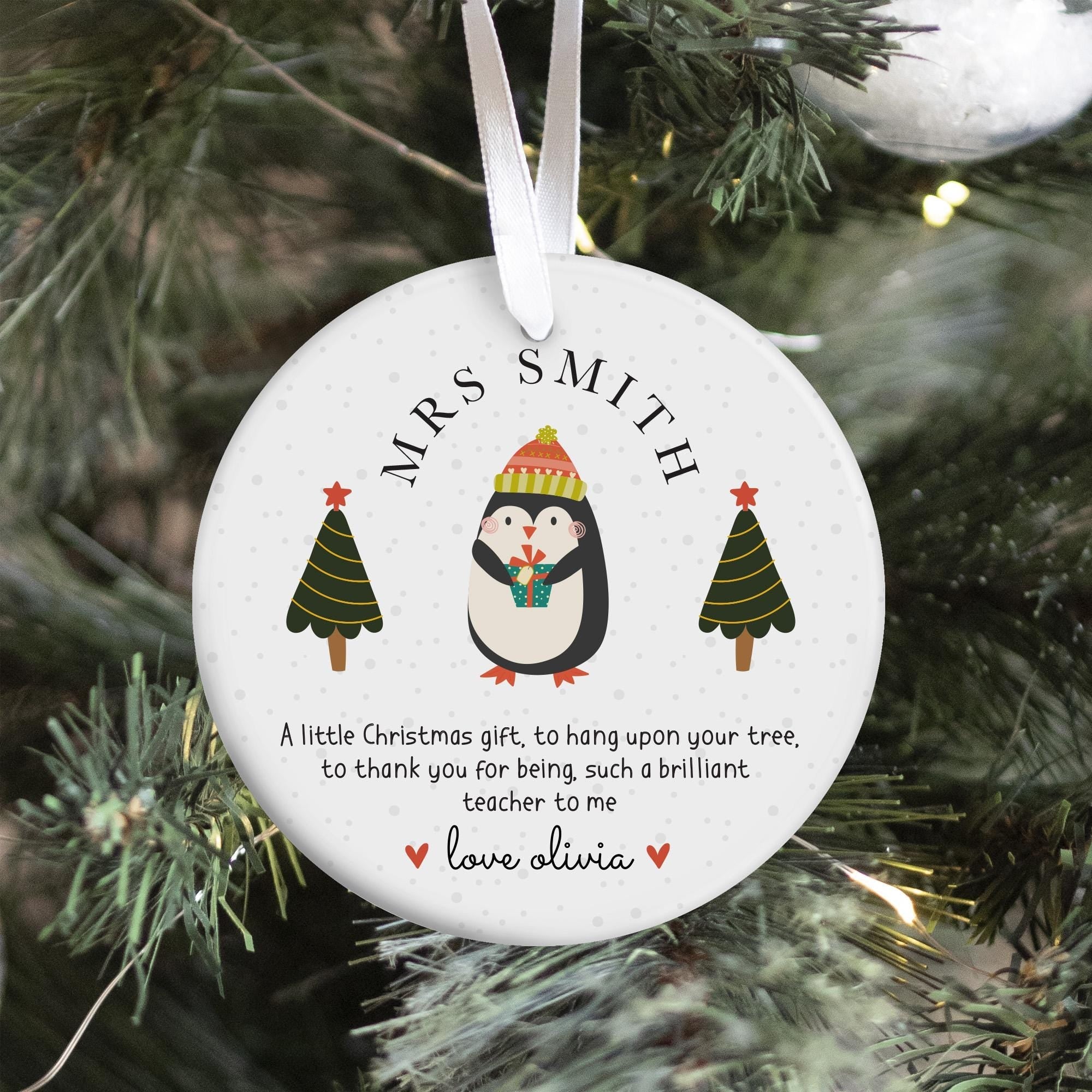 Personalised Christmas Teacher Ornament Gift Cute Penguin Bauble Keepsake from Child Nursery Primary School Teacher Xmas Present