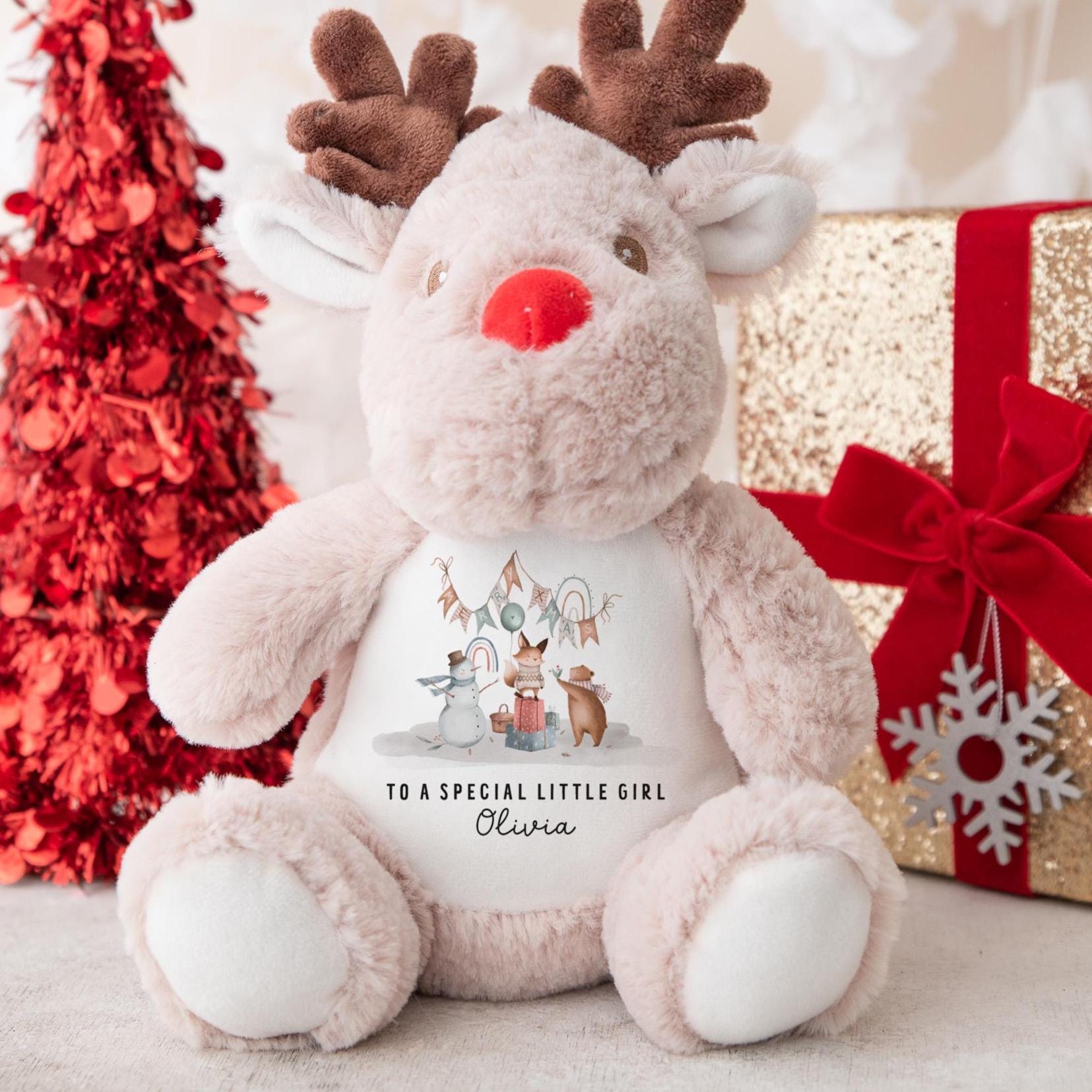 Personalised Christmas Toy Gift for Little Girl Daughter Granddaughter or Niece Reindeer Teddy Custom Plush Toy with Name