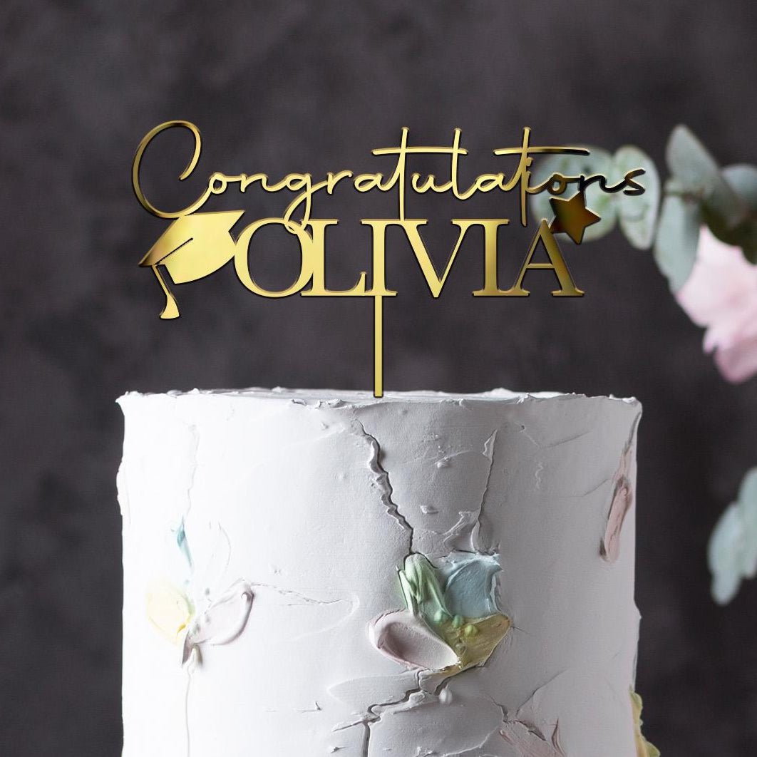 Personalised Congratulations Graduation Cake Topper Gold Silver Acrylic Mirror Name