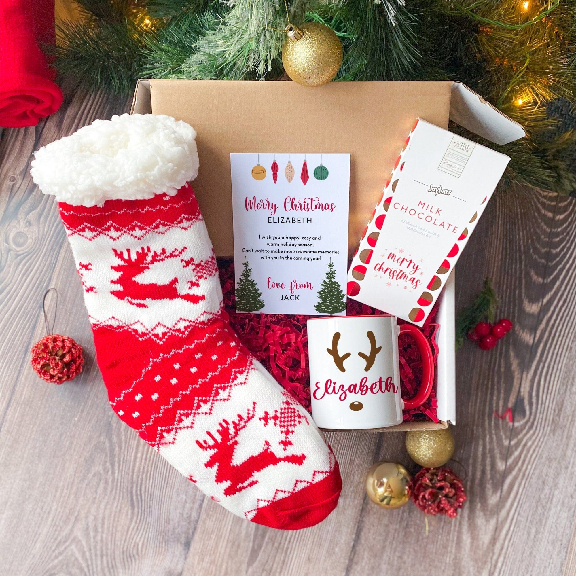 Personalised Cosy Christmas Gift Set with Fluffy Slipper Socks Chocolate Mug Hygge Gift Box