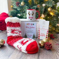 Personalised Cosy Christmas Gift Set with Fluffy Slipper Socks Chocolate Mug Hygge Gift Box