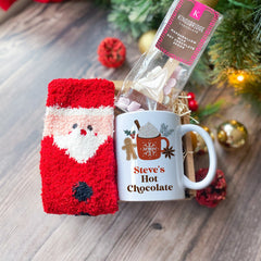 Personalised Cosy Christmas Gift Set with Soft Santa Socks Hot Chocolate Mug Hygge Gift Box
