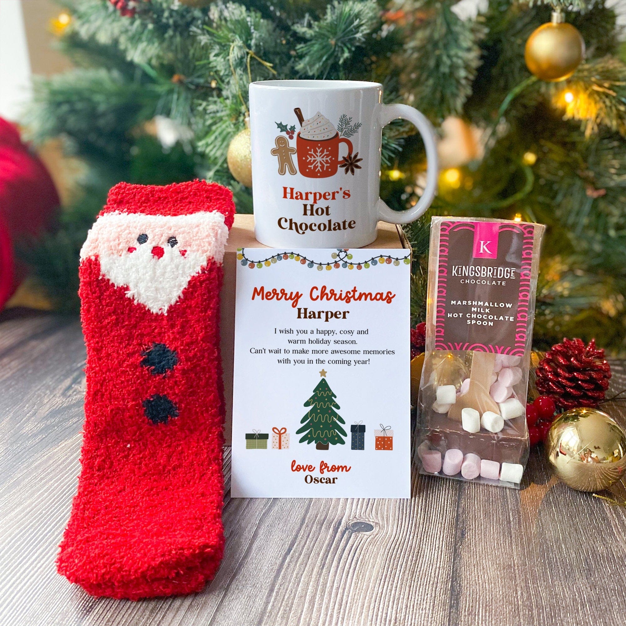 Personalised Cosy Christmas Set Soft Santa Socks Hot Chocolate Mug Hygge Box